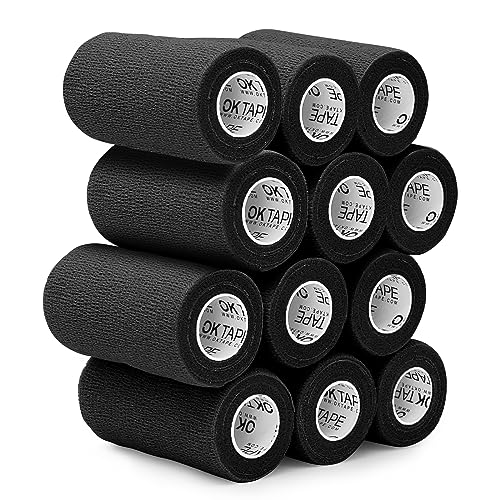 OK TAPE Self Adherent Cohesive Bandages Wrap 12Packs 3" x 5 Yards | Non-Woven Elastic for Thumb Finger Wrist Ankle Self Adhesive Bandage Wrap Breathable Vet Wrap Bandages Tape (Black) - color: Black, size: 3 In x 5 Yards