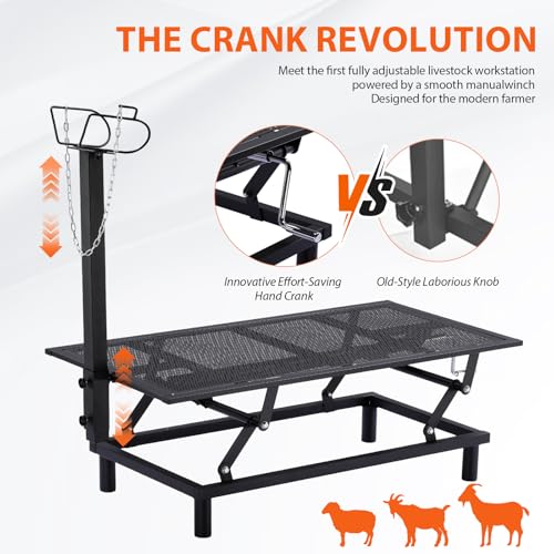 GTPLAYER Goat Milking Stand with Hand Crank,Wheels – 48"x23" Adjustable Headpiece & Height, for Grooming, Milking, Hoof Trimming, Heavy Duty Metal Sheep/Goat Stand, 500 LB Capacity Black