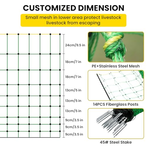 Electric Fence Netting, 49.6" H x 164'L Electric Anti-Predator Poultry Fence, PE Net Fencing Kit with 14 Posts Double Spiked, Movable Livestock Nets for Sheep, Hogs, Cattle and Other Big Poultry