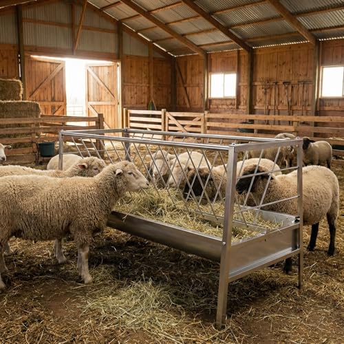 62'' Long Goat Feeder with 26'' Wide Tray, 90 Gallon Heavy Duty Alloy Steel Goat Hay Feeder for Goats Sheep Lambs Horses Farms Sheds, Ease of Assembly, Rust-Proof, Detachable Grain Tray - style: Alloy Steel