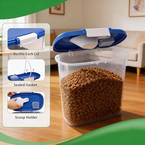 10-15 Lbs Dog Cat Pet Food Storage Container Airtight, Slim Dry Food Bin | Clear Plastic Food Container for Dogs, Cats, Bird Seeds, Kibble, Pellets, Rice, Flour, Food Container with Lid, Scoop and Cup - color: Sapphire Blue