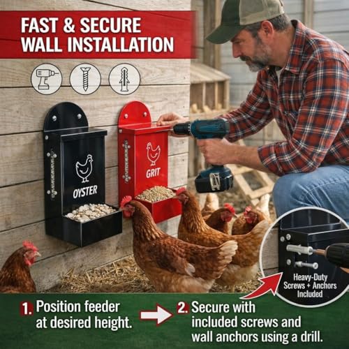 Premium Metal2 Packs Oyster Shell Feeder for Chicken with Lid Viewing Window Dual grit Feeder Grit Oyster rain Cover Duck Feeder Chicken Coop Accessories Improve Eggshell Quality and Hen Health