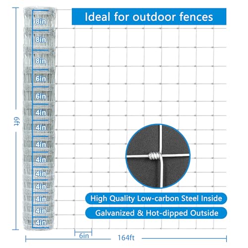 Farm Fence 6ft x 164ft Heavy Zinc Coating Cattle Deer Goat Fence,Galvanized Field Wire Fencing,Hog Wire Fencing for Yard Livestock & Animals Protection - size: Silver 72inx164ft