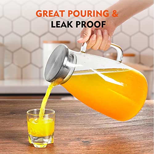 Aofmee 100 Oz Glass Pitcher, 3L Water Pitcher with Lid, Iced Tea Jar with 304 Stainless Steel Lid and Spout, Heat Resistant Jug for Sun Tea, Water Carafe for Cold or Hot Beverage Serveware Juice | Thickened Borosilicate Glass Iced Tea Pitcher, Drip-free S