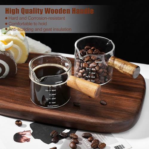 2 Pack Espresso Cups with Wood Handle, 75ML Double Spout Glass Measuring Cup with Dual Scale, Espresso Shot with V-Shaped Mouth, Clear Glass Espresso Accessories, Milk Frothing Pitcher