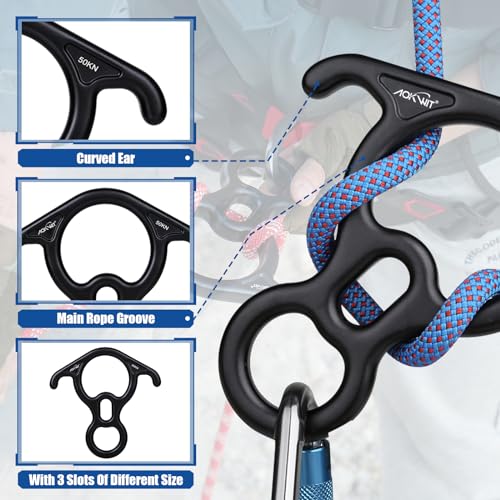 50KN Rescue Figure, 8 Descender Large Bent-Ear Belaying and Rappelling Gear Belay Device Climbing for Rock Climbing Peak Rescue 7075 Aluminum Alloy - color: Black + Red