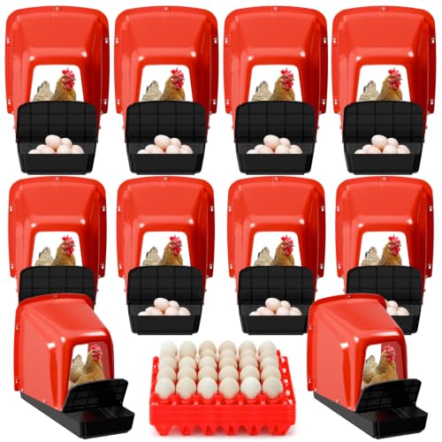 10 Pack Chicken Nesting Boxes with Roll Away Egg Collection, Plastic Chicken Laying Boxes with Covered Egg Catcher & Ventilated Egg Trays, Durable Nest Boxes for Backyard Chicken Coop & Farm, Red - color: Red