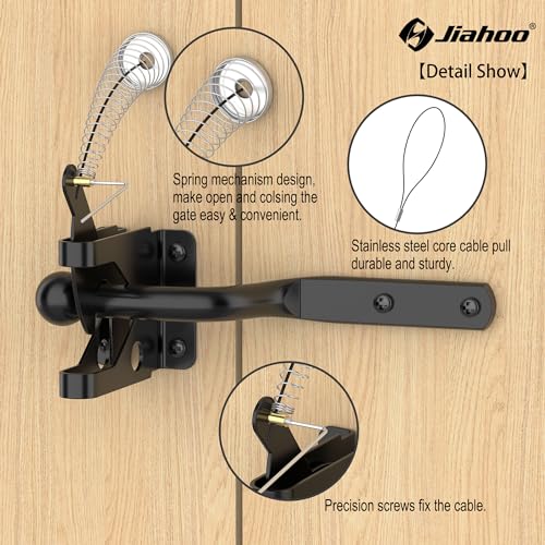 Self Locking Gate Latch with Spring Cable Pull, Automatic Lever Latch | For Wooden Fence, Door Latch Hardware for Outdoor Fence, Secure Pool, Garden, Shed, Cage, Black Finish