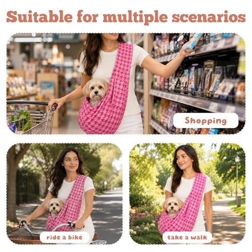 Dog Sling Carrier for Small Dogs and Cats 5–16 lbs, Puppy Carrier Sling with Safety Hook and Storage Pocket, Hands Free Pet Carrier Purse for Travel, Walking, Shopping (Pink Houndstooth) - color: Pink Houndstooth