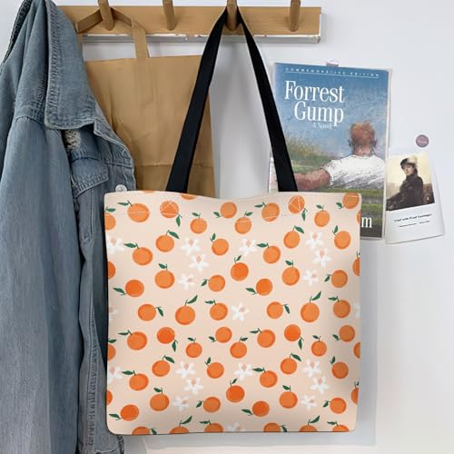 Canvas Tote Bag for Women，Cute Heavy-Duty Shoulder Bag with Zipper Pocket -Travel Tote for Grocery, Gym,Shopping - color: Orange With Green Leaves