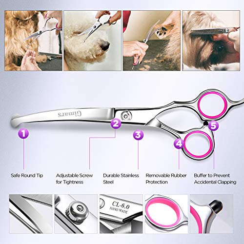 Gimars Professional 4CR Stainless Steel 6 in 1 Grooming Scissors for Dogs with Safety Round Tip, Heavy Duty Titanium Coated Pet Grooming Scissor for Dogs, Cats and Other Animals - style: Pink 6 in 1