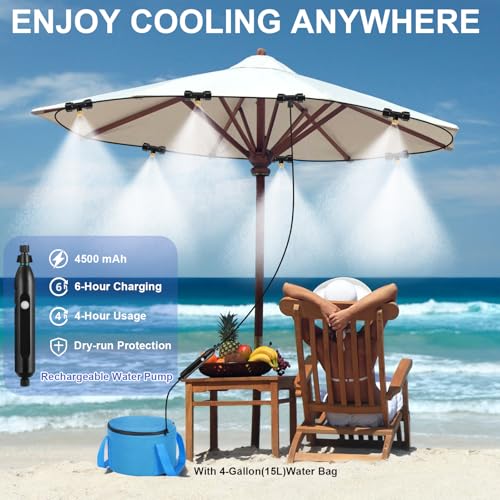 Portable Misting System with Pump, DIY 26FT(8M) Misting Line & 6 Brass Nozzles, 4-Gallon Water Bag, USB Rechargeable (4500mAh) Outdoor Cooling System for Patio, Camping, Golf Cart, Canopy