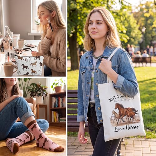 Tudomro 3 Pcs Funny Horse Gifts Set for Women Novelty Animal Crew Socks Canvas Tote Bag Makeup Bag Horse Lovers Gifts for Equestrian Birthday - style: Horse