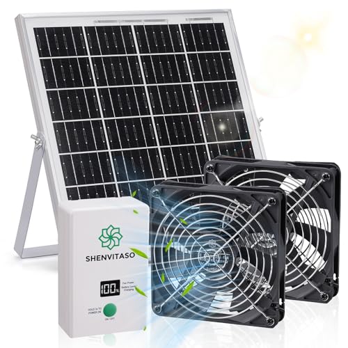 Solar Powered Exhaust Fan with Battery, 25W Solar Panel Dual 5.5 Inch Fans, 450 CFM IPX7 Waterproof Solar Ventilation Fan Kit for Chicken Coop, Greenhouse, Shed, Garage, Dog House