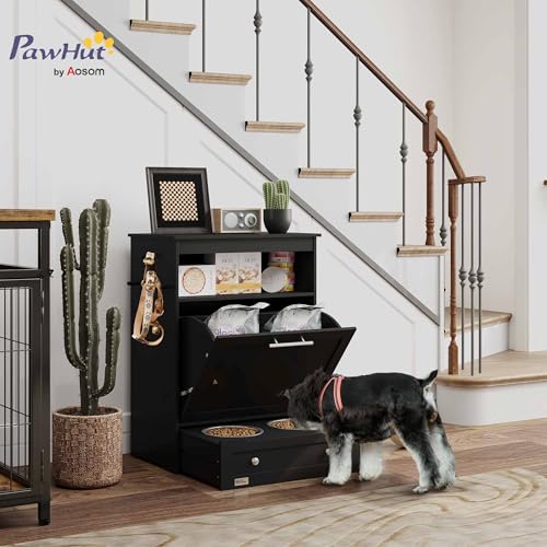 PawHut Dog Feeding Station with Raised Bowls, Pet Feeder Station, Black | Dog Food Storage Cabinet, Hanger for Feeding & Watering Supplies - color: Black