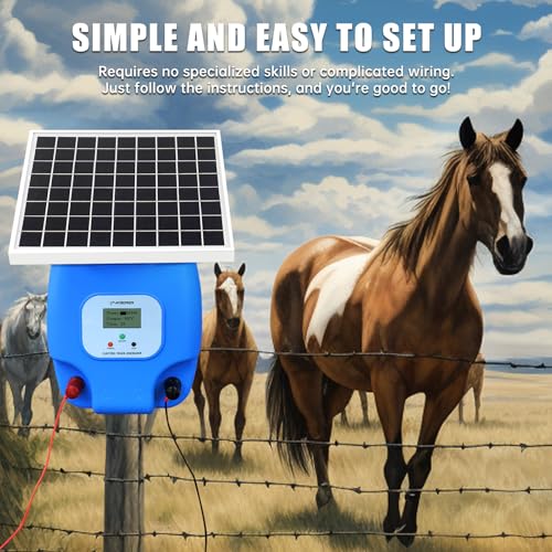 Solar Electric Fence Charger, 1.5 Joules Energizer with LCD Display, 8000 mAh Lithium Battery & 10W Solar Panel - Ideal for Livestock, Pet, Poultry, Gardens, Orchards Protection, 5-Mile Range