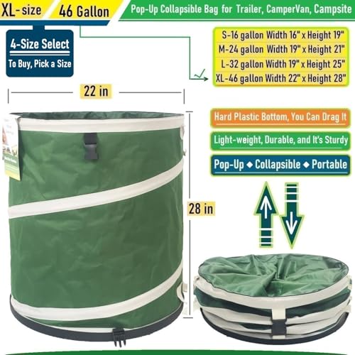 46-Gallon Collapsible Trash Can (22x28 in) Hard-Shell Bottom Yard Garden Bag,Big Leaf Bag,Yard Waste Bags,Debris Container,Pop-Up Recycling Bin,RV Camping Waste Bin,Laundry Hamper,Lawn Grass,Weeds Bag