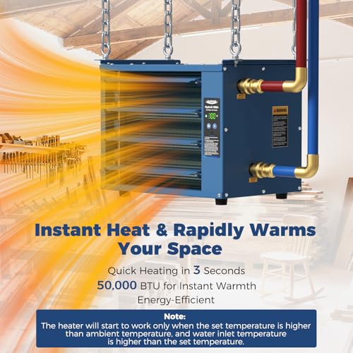 ALORAIR 50,000 BTU Hydronic Hanging Heater, HydroX H50A, Copper Tube | 2 Connection Types, Energy-Efficient Heating, Quiet 500CFM Blower, Hot Water & Steam Compatible, Garage/Warehouse Heater