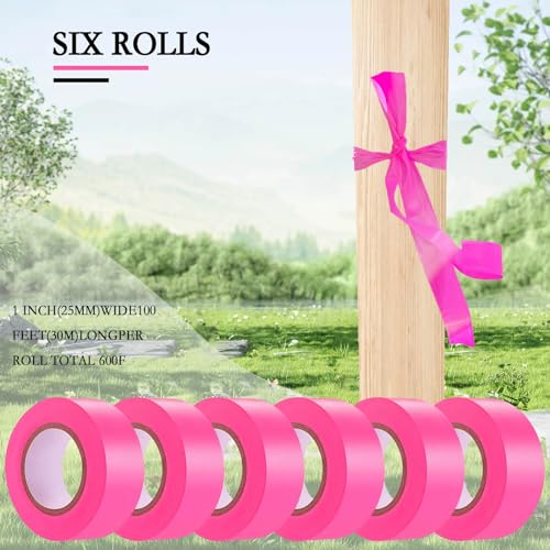 6 Pack Pink Flagging Tape, Non-Adhesive Plastic Ribbon Neon Marking Roll | 1inch*600ft, Marking Tape for Tree Marking, Hunting, Boundaries and Hazardous Areas,Trail Marking - color: Pink