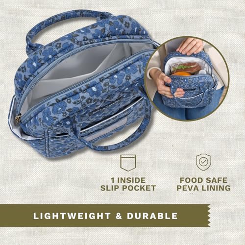 Bella Taylor Lunch Tote, Quilted Lunch Bag, Navy Floral | Lightweight quilted cotton lunch box, easy-to-clean PEVA lining, 3 outside/1 inside pocket, durable construction - color: Navy Floral