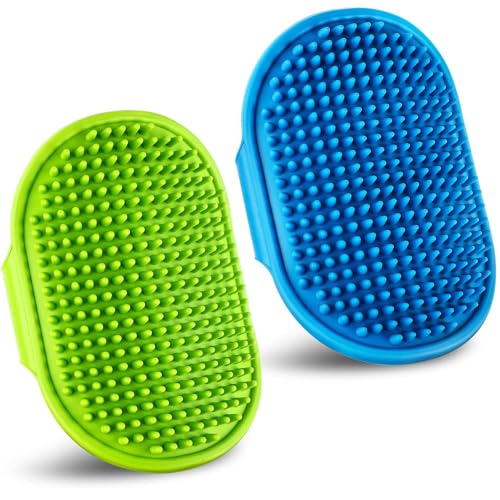 Dog Grooming Brush, Pet Shampoo Bath Brush Dog Grooming Shedding Brush Soothing Massage Rubber Comb with Adjustable Ring Handle for Long Short Haired Dogs and Cats 2pcs - color: Blue & Green