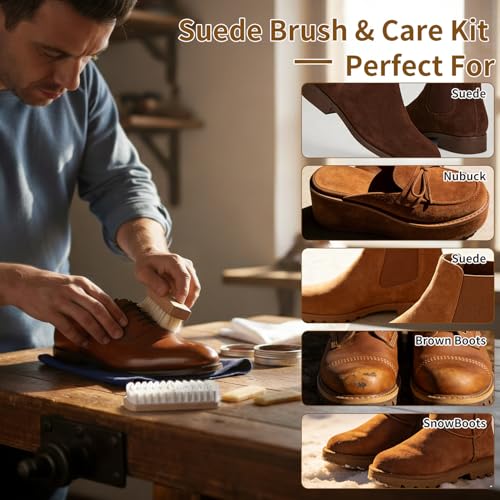 4-Piece Suede Brush Set with Erasers - Wooden Handle Shoe Cleaning Kit Includes PP Brush, Nubuck & Suede Erasers for Shoes, Boots, Bags & Jackets