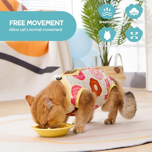 Avont Cat Recovery Suit - Kitten Onesie for Cats After Surgery | Stop Licking, Protects Stitches, S: Neck 8.5"-10.2"/Chest 11.5"-13"/Back 8", Soft & Breathable, Hook & Loop, Donut - color: Donut, size: Small