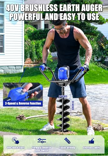 Wild Badger Power 40V Cordless Electric Earth Auger Post Hole Digger Kit | 8-in by 31-in brushless auger with 66 ft-lb torque, 2 speeds, reverse and anti-kickback; 4.0Ah battery and charger included.