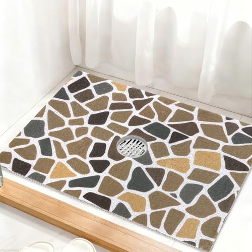 Square Shower Mat Non Slip: 32 x 24 Inch Extra Large Shower Mats with Drain Hole in Middle - PVC Loofah Anti Slip Shower Floor Matt for Inside Shower - color: Coffee Cobblestone, size: 32" x 24" (Rectangular)