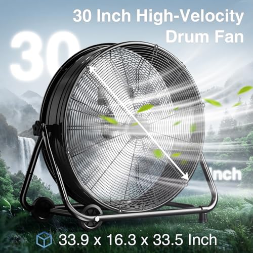 Air Choice 30 Inch Industrial Fan, 14000CFM High Velocity Shop Fan, 3 Speeds, 360° Tilt, 550W All Metal Heavy Duty Drum Fan, Outdoor Fan for Commercial, Workshop, Warehouse, Garage, Gym, Factory - size: 30 inches