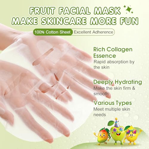 60 Pack Fruit Theme Face Mask for Kids, Bulk Birthday Gifts for Girls | Sheet Hydrating Face Masks Skincare for Teens Women, Skin Care for Kids, Spa Party Supplies