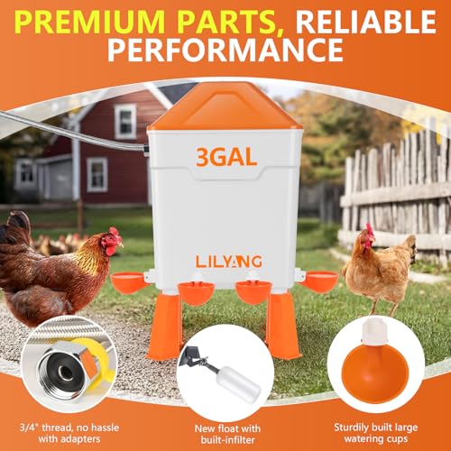 Lilyang Automatic Chicken Waterer 3 Gallon, Auto Water Refill | Auto Watering System with Float Valve, Connects Directly to 3/4" Faucet & Hose (No Fittings Required), No-Tools Assembly