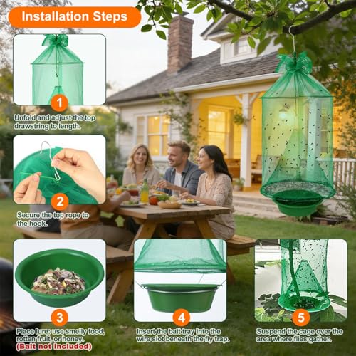 Reusable Outdoor Fly Trap Hanging Fly Catcher with Brush-6 Pack | Fly Cage Ranch Fly Traps with Bait Tray, Fly Control Killer Repellent Hunter Catcher for Barn Orchard Farm Horse Patio - size: 6 pack