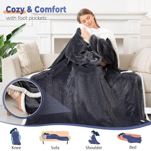 Wearable Heated Blanket with Foot Pocket, Electric Wearable Throw Blanket with Sleeves, Hood, Portable Heated Blanket with 8 Heat Settings, 1-10 Hours Auto Shut-off, Gift for Family, Friends, 50*70" - color: Grey