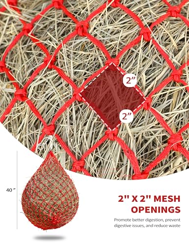 Harrison Howard Slow Feed Hay Net for Horses, 40 Inch Hay Bag Holds 1–2 Flakes, 2 Inch Mesh Durable Hanging Feeder for Stable, Pasture & Livestock-Red - color: Red