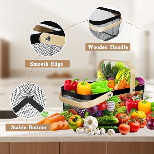 2 Pack Garden Harvest Basket, Metal Mesh Wire Picnic Basket with Handle | for Picnic, Vegetable Gathering, Fruit Picking, Kitchen Storage, Black, Sturdy, Lightweight, Home Closet, Office, Gift. - color: Black