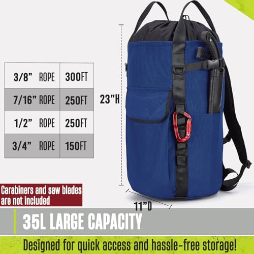 Arborist Rope Bag, 35L Tree Climbing Rope Bag, Arborist Equipment Bucket Backpack, Arborist Gear Carrier Bag with Side Pockets, Tough Rock Climbing Backpack, Rock and Tree Climbing Gear - color: Blue