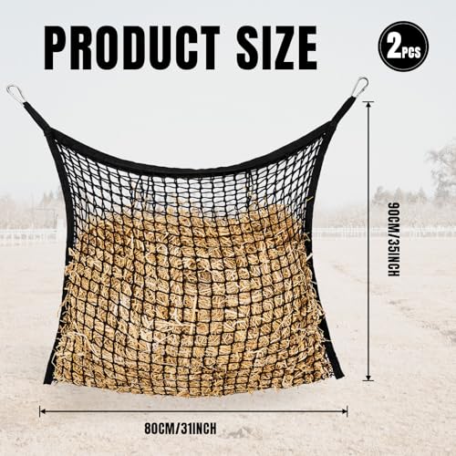 Slow Feed Hay Nets for Horses, Large Capacity Hay Bags, 2 Pack | 35 x 31 in, includes 4 carabiners,black, heavy duty hay feeder for horses and goats, easy to hang in stalls and trailers - size: 2PCS