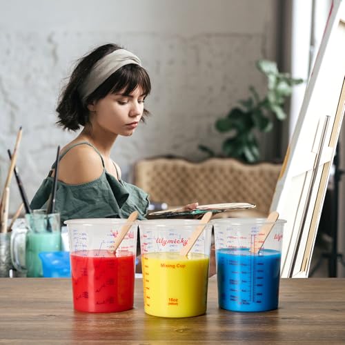 Lilymicky 16 oz Plastic Mixing Cups, 50 Pack 16 oz (500ml) Disposable Measuring Cups with 50 Wooden Mixing Sticks, Can Be Used for Epoxy Resin, Liquid Measuring, Paint, Cooking and Baking