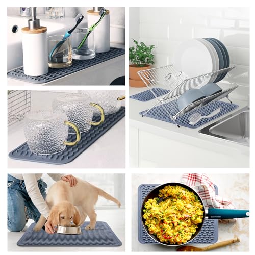 Silicone Dish Drying Mat - 2 Packs of Non-Slip Silicone Mat Easy Clean Drying Mat Large Heat-Resistant Dish Drainer Mat for Kitchen Counter, Sink, Refrigerator or Drawer Liner(16"x12", 12''x 6'' GREY)