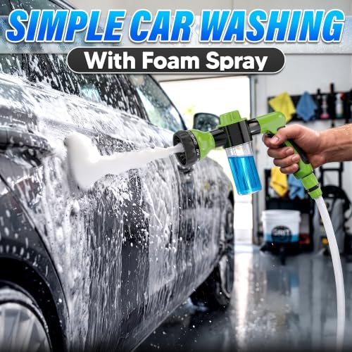 Car Wash Sprayer & Nozzle with Soap Dispenser, 3.5 oz Foam Tank (Green) | Hose Attachment for Car, Truck, and Dog Washing, Foam Control Dial, 8 Spray Patterns, Fits 3/4 In Hose, ABS Body, 2 O-Rings - color: Black, Green