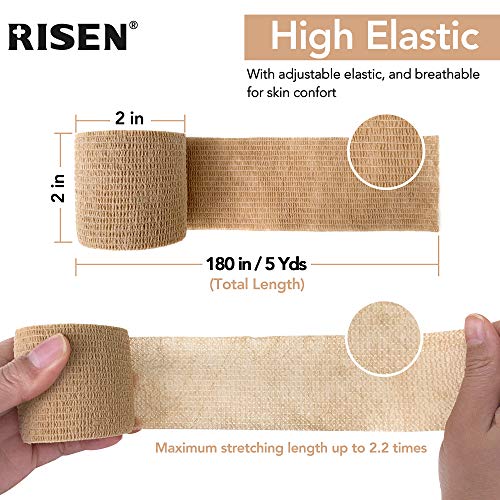 RISEN Cohesive Bandage 2” x 5 Yards, 6 Rolls, Self Adherent Wrap Medical Tape, Adhesive Flexible Breathable First Aid Gauze Ideal for Stretch Athletic - color: Tan