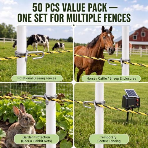 50 Pcs Fiberglass Fence Post Clip for 3/8'' Round Post Insulator,Silver - color: Silver