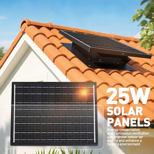 25W Solar Roof Vent Fan with 8-Inch Removable Roof Vent, Solar-Powered Attic Exhaust Fan for Enhanced Ventilation. Ideal for Home, Garages & Warehouses–Energy-Efficient & Easy Install, Black