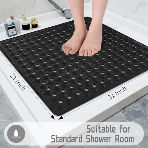 Yimobra Square Shower Floor Mat Non Slip, 21"X21" Machine Washable Bath Tub Mat, Soft on Feet, Bathmat with Drain Holes and Suction Cups, Fast Draining, Black - color: Black, size: 21 X 21 Inch