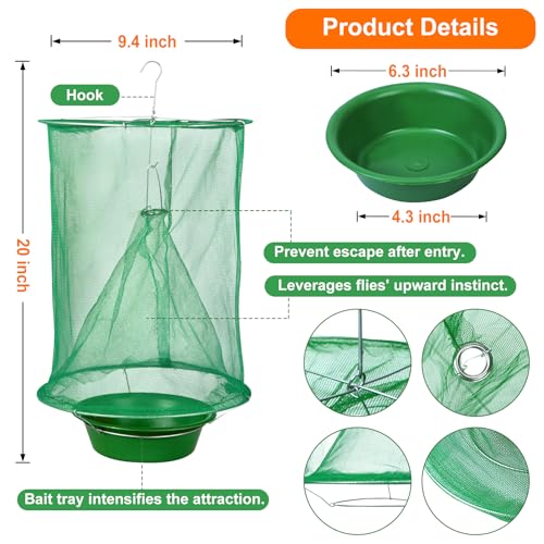 8 Pack Reusable Ranch Fly Traps Outdoor Hanging Fly Cage | Fly Catcher with Bait Tray, Fly Catcher Killer Hunter Cage Control, Farm Horse Stable Fly Trap for Orchard Barn Garden - size: 8 pack