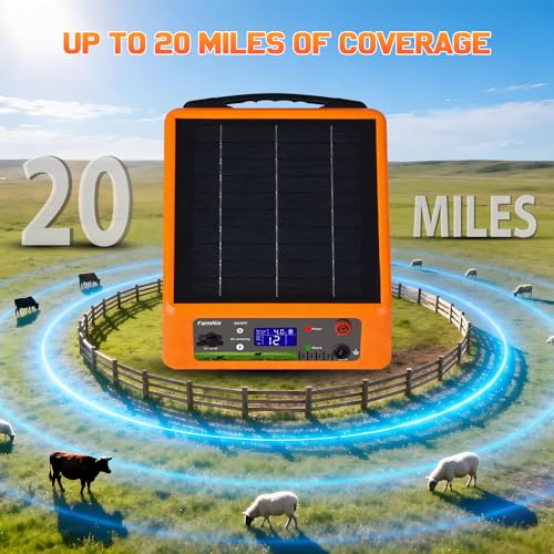 20 Miles Solar Electric Fence Charger, 0.3-2.0J Adjustable Output | Farms & Ranches, 6W Solar Panel, 18Ah Lithium Battery, 6-12KV 0.3-2.0J Adjustable Output, Day & Night Mode, IP55 Waterproof - color: Orange