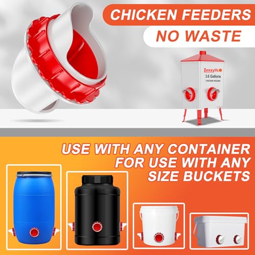 No Waste Chicken Feeders, DIY Automatic Poultry Feeder - 6 Ports Red | Buckets Barrels Bins Troughs‑mountable Design for common Breeds of Chicken Flock with Hole Saw - size: 6 Ports