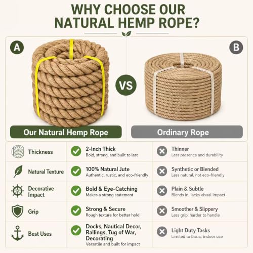 Natural Hemp Rope - 2 Inch x 100 Feet - Heavy Duty Jute Rope Manila Ropes for Docks, Nautical, Railings, Tug of War, Decorating - size: 2 in×100 ft