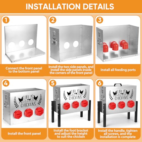 ‎Tgeyd 30 lb Chicken Feeder with 6 No-Waste Ports – Heavy-Duty Outdoor Metal Feeder with Adjustable Height, Locking Lid & Riveted Handles – Rustproof Feed Box for Poultry & Backyard Chickens - color: Rose-bengal